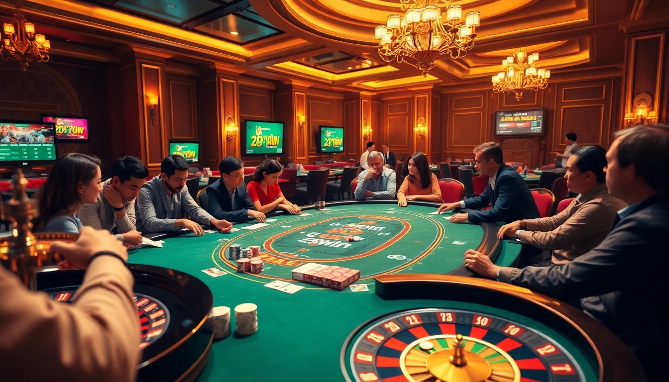 Experience the excitement of the trang chủ 78win casino, where players enjoy thrilling poker games surrounded by vibrant casino decor.