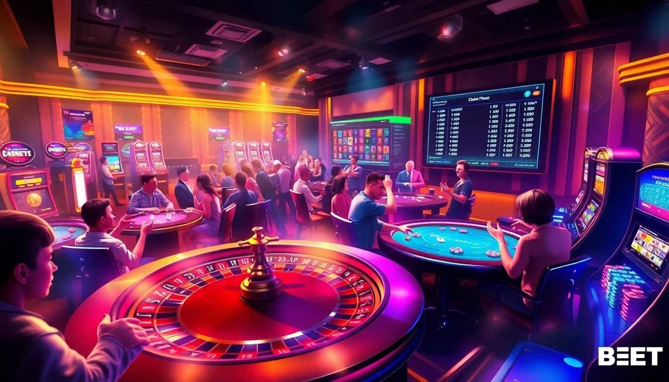 SHBET offers an electrifying online casino experience with dynamic roulette and poker tables surrounded by players.