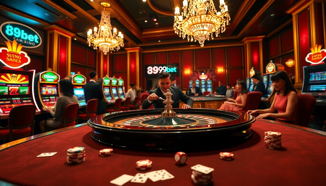 Experience the thrilling ambiance of a casino as players engage with exciting games like Đăng Nhập 89bet at roulette tables surrounded by vibrant decor.